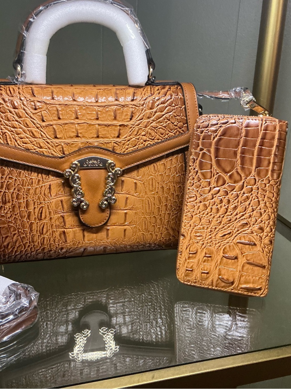 Women's Croc-Embossed Top-Handle Satchel in Cognac